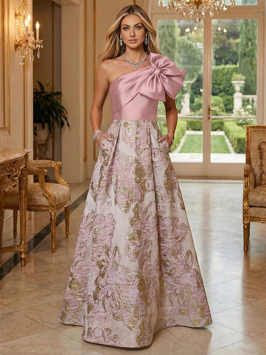 Vedress dusty pink gold floral jacquard one shoulder bow A-line floor length wedding guest dress front view